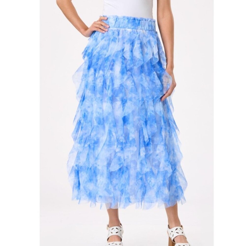 Cato Tie Dye Ruffled Mesh Midi Skirt